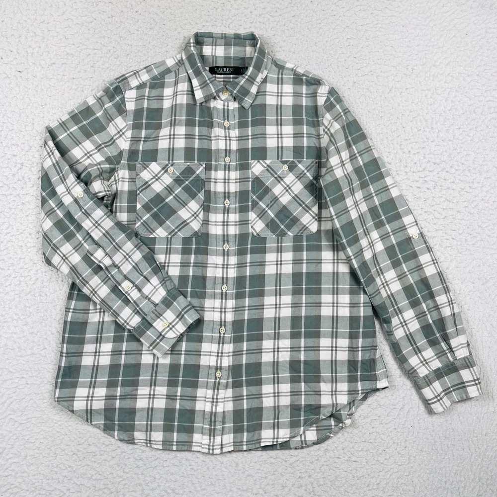 Lauren Ralph Lauren Button Down Womens L Green Plaid Roll Tab Sleeve Preppy